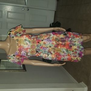 Ice 10 wood & gem adorned center flutter sleeve chiffon vivid floral knee length